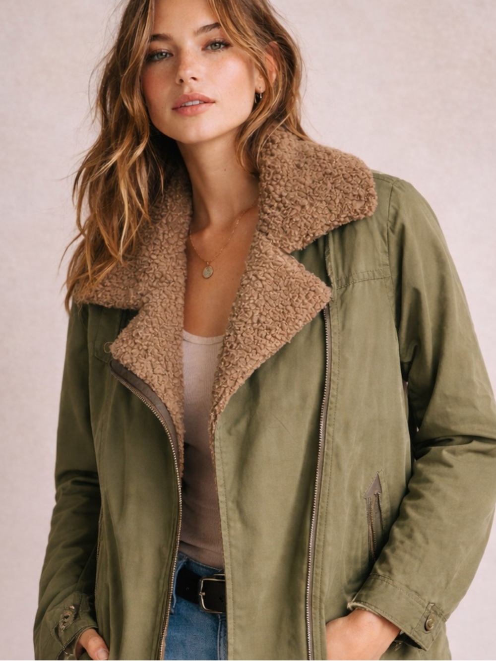 Anthropologie Sherpa Lined Utility Jacket Olive Cozy Military Small Lightweight